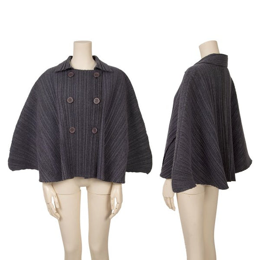 PLEATS PLEASE Felt-like Polyester Poncho Coat Gray Size 3