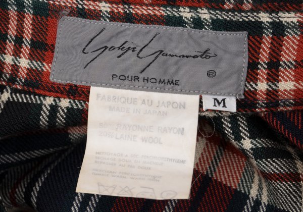 Yohji Yamamoto POUR HOMME Rayon Wool Check Red Navy Shirt Size M