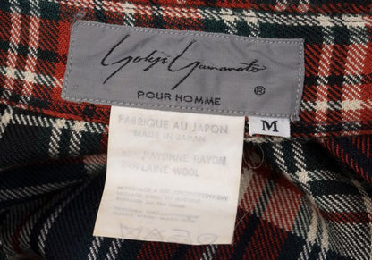 Yohji Yamamoto POUR HOMME Rayon Wool Check Red Navy Shirt Size M
