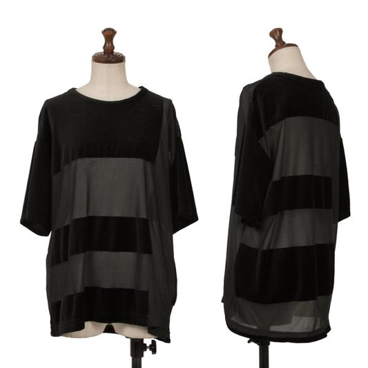 Y's Sheer Velour Striped T-Shirt Black Size 2