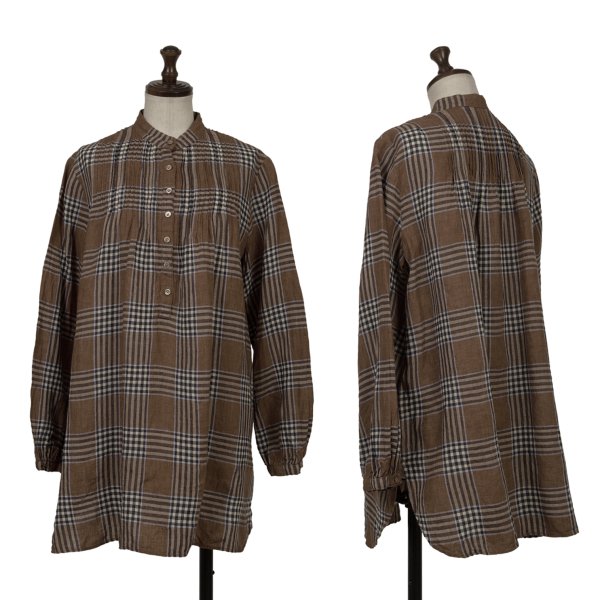Mademoiselle NON NON Linen Blend Check Blouse Brown Size M