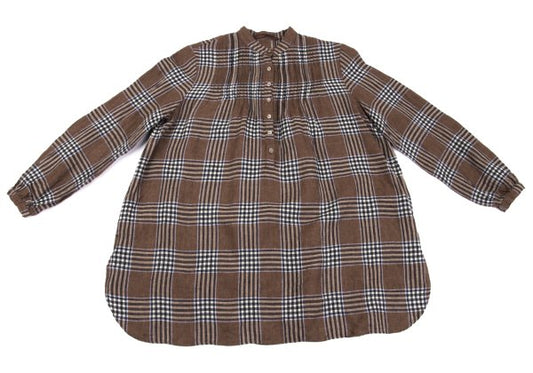 Mademoiselle NON NON Linen Blend Check Blouse Brown Size M