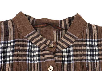 Mademoiselle NON NON Linen Blend Check Blouse Brown Size M