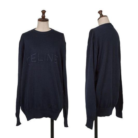 CELINE Logo Embroidered Cotton Sweater Navy Size 40