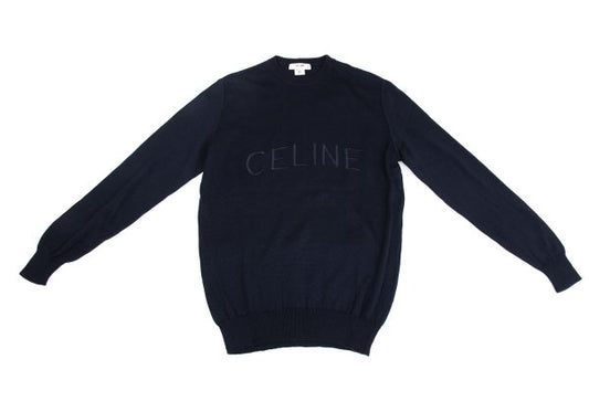 CELINE Logo Embroidered Cotton Sweater Navy Size 40
