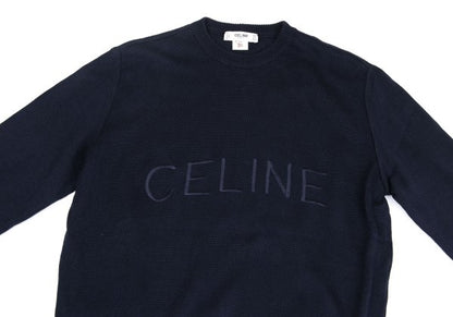 CELINE Logo Embroidered Cotton Sweater Navy Size 40