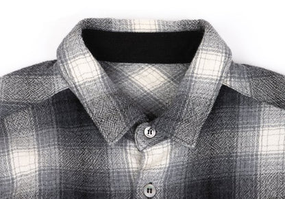 GANRYU Wool Ombre Check Flannel Long Sleeve Shirt Gray Size S