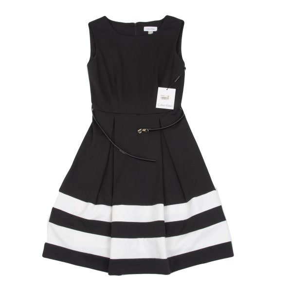 Calvin Klein Hem Border Belted Sleeveless Dress Black Size 2