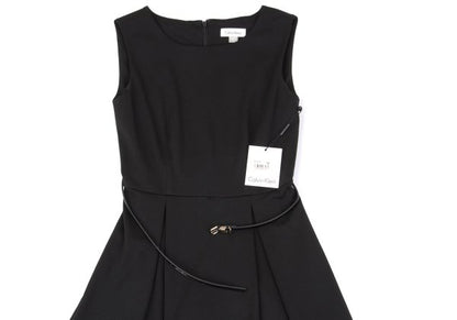 Calvin Klein Hem Border Belted Sleeveless Dress Black Size 2