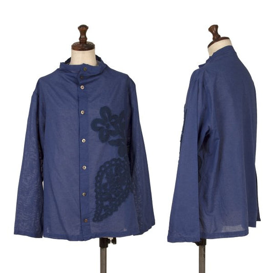 Plantation Garment Washed Flower Patch Blouse Blue Size M