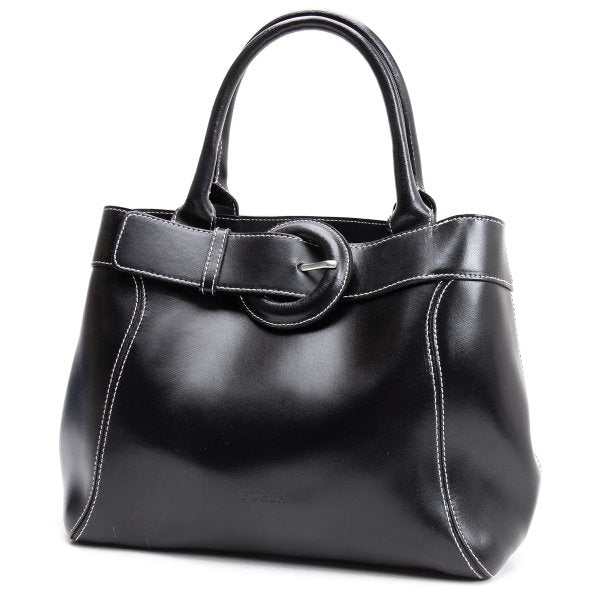 FURLA Belt Design Leather Tote Bag Black