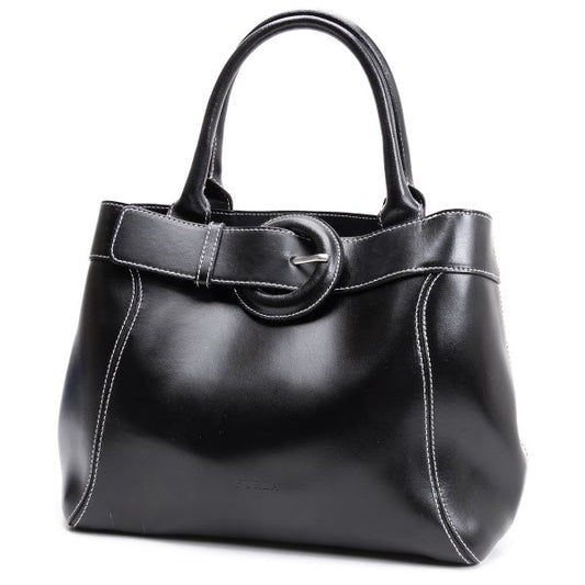 FURLA Belt Design Leather Tote Bag Black