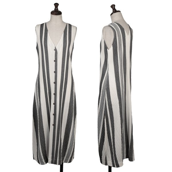 PLEATS PLEASE Poly-Cotton Stripe V-Neck Dress White Size 4