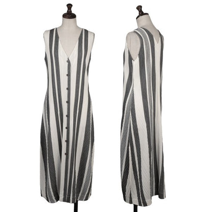 PLEATS PLEASE Poly-Cotton Stripe V-Neck Dress White Size 4