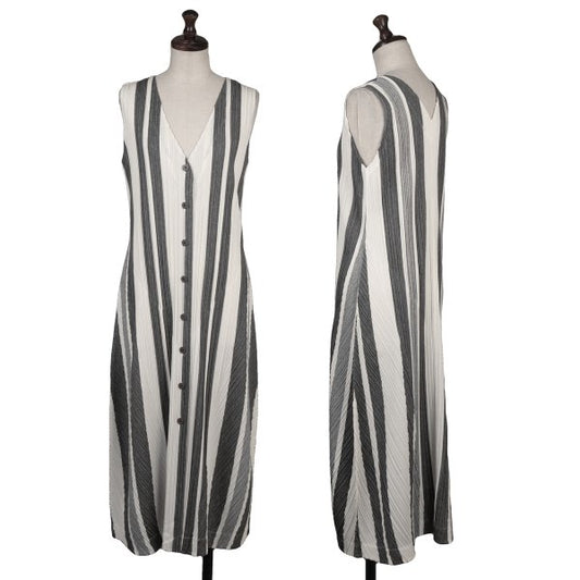 PLEATS PLEASE Poly-Cotton Stripe V-Neck Dress White Size 4