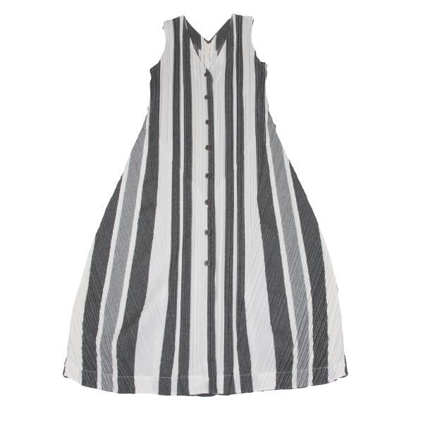 PLEATS PLEASE Poly-Cotton Stripe V-Neck Dress White Size 4