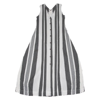 PLEATS PLEASE Poly-Cotton Stripe V-Neck Dress White Size 4
