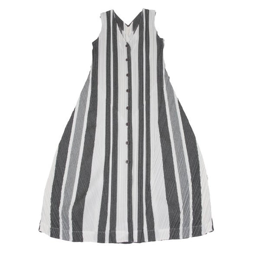 PLEATS PLEASE Poly-Cotton Stripe V-Neck Dress White Size 4