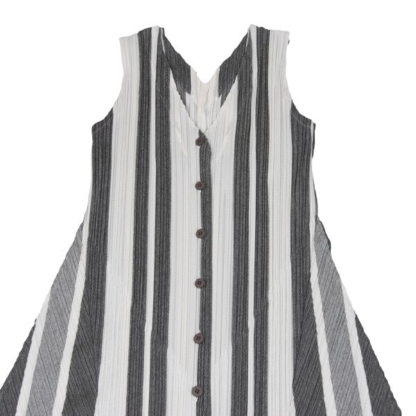 PLEATS PLEASE Poly-Cotton Stripe V-Neck Dress White Size 4