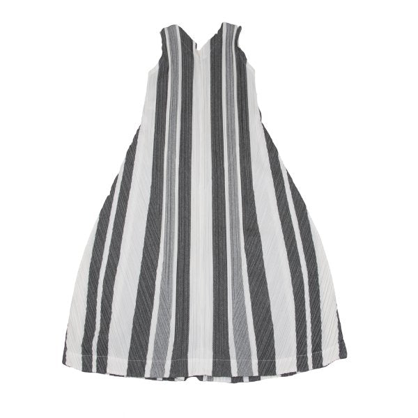 PLEATS PLEASE Poly-Cotton Stripe V-Neck Dress White Size 4