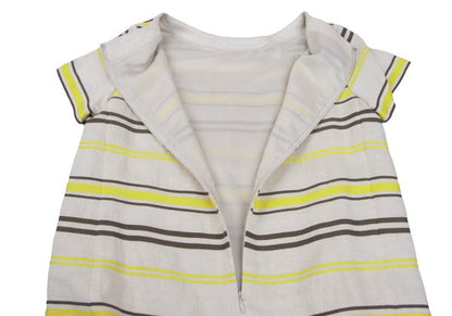 Leilian Stripe Jacquard Short Sleeve Tunic Ecru Blouse Size 7