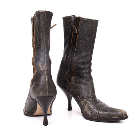 MIU MIU Cracked Leather Double Boots Black Size 37 (23.5cm)