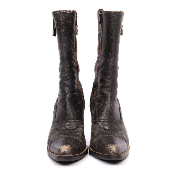 MIU MIU Cracked Leather Double Boots Black Size 37 (23.5cm)