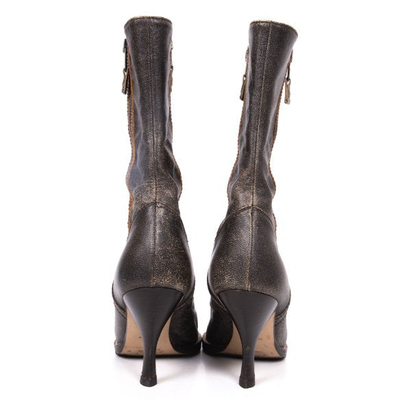 MIU MIU Cracked Leather Double Boots Black Size 37 (23.5cm)