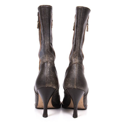 MIU MIU Cracked Leather Double Boots Black Size 37 (23.5cm)