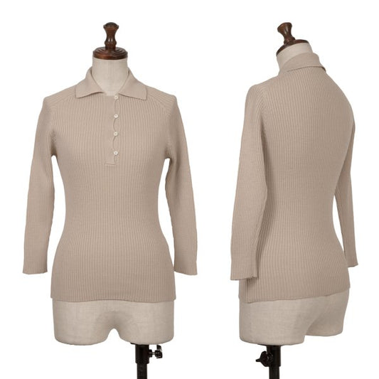 MARGARET HOWELL Wool Raglan Rib Knit Polo Shirt Beige Size 2