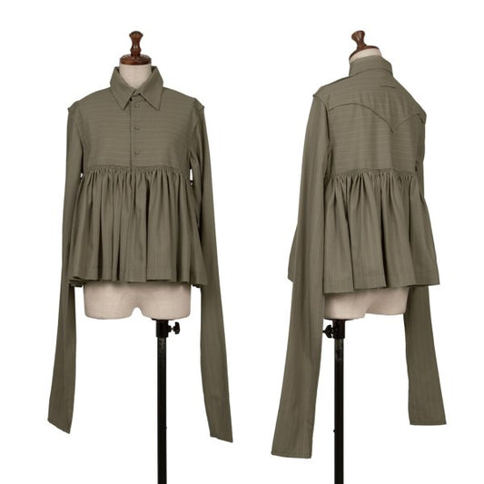 JPG FEMME Gathered Frill Stripe Wool Blouse Greige Size 40