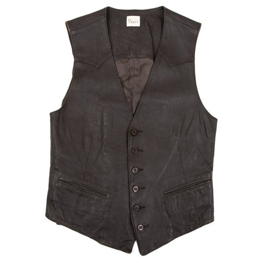 Papas Wood Button Leather Vest Brown Size M