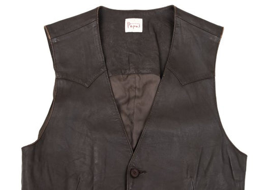 Papas Wood Button Leather Vest Brown Size M