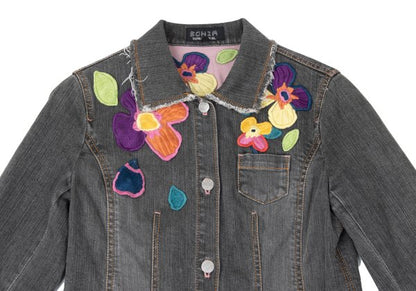 SONIA RYKIEL Colorful Floral Patch Jacket Black Size 38