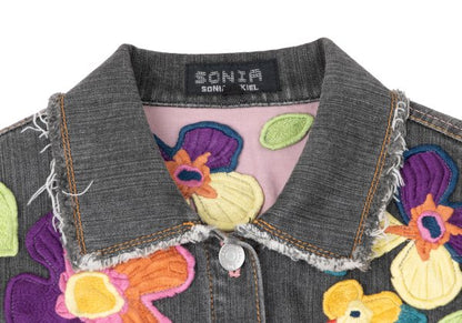 SONIA RYKIEL Colorful Floral Patch Jacket Black Size 38