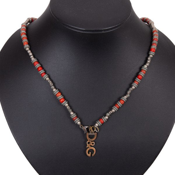 Dolce & Gabbana D&G Beaded Logo Necklace Silver Red
