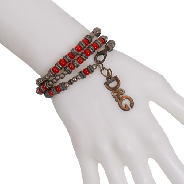 Dolce & Gabbana D&G Beaded Logo Necklace Silver Red