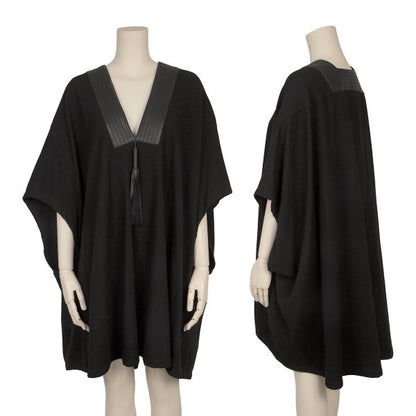 HERMES Wool Leather Tassel Poncho Coat Black Size 34