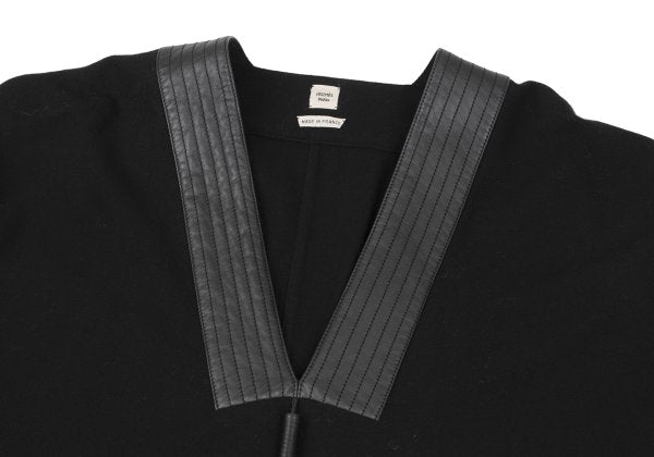 HERMES Wool Leather Tassel Poncho Coat Black Size 34