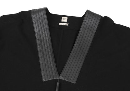 HERMES Wool Leather Tassel Poncho Coat Black Size 34