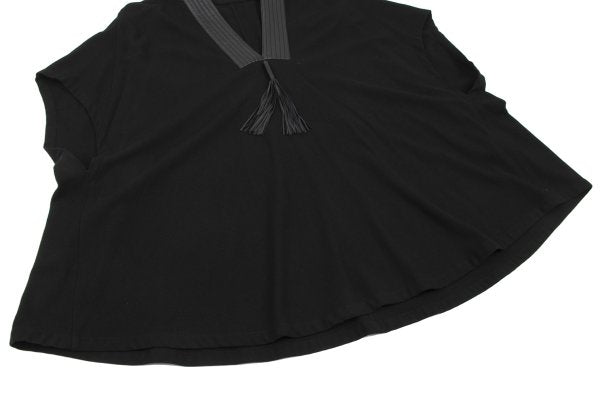 HERMES Wool Leather Tassel Poncho Coat Black Size 34