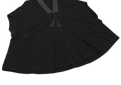 HERMES Wool Leather Tassel Poncho Coat Black Size 34