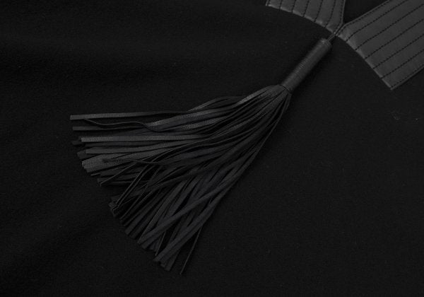 HERMES Wool Leather Tassel Poncho Coat Black Size 34