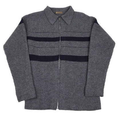 Y's for men Line Panel Zip-Up Knit Cardigan Grey Navy Size M