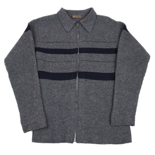 Y's for men Line Panel Zip-Up Knit Cardigan Grey Navy Size M