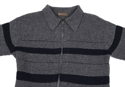Y's for men Line Panel Zip-Up Knit Cardigan Grey Navy Size M
