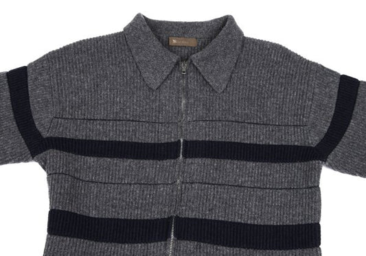 Y's for men Line Panel Zip-Up Knit Cardigan Grey Navy Size M