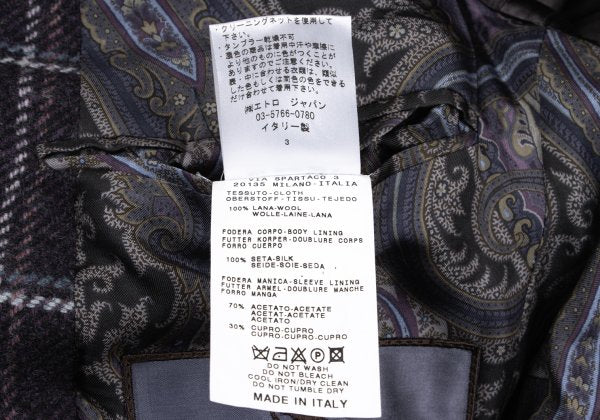 ETRO Wool Check Paisley Lining Jacket Purple Size 52