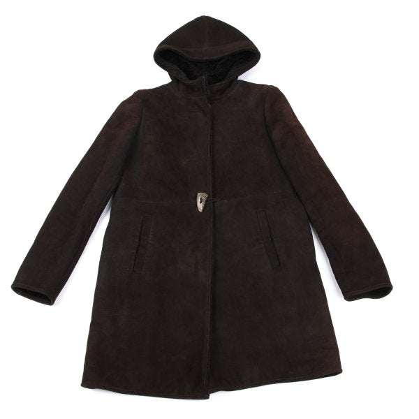 JIL SANDER Hooded Shearling Coat Brown Size 36