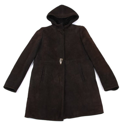 JIL SANDER Hooded Shearling Coat Brown Size 36